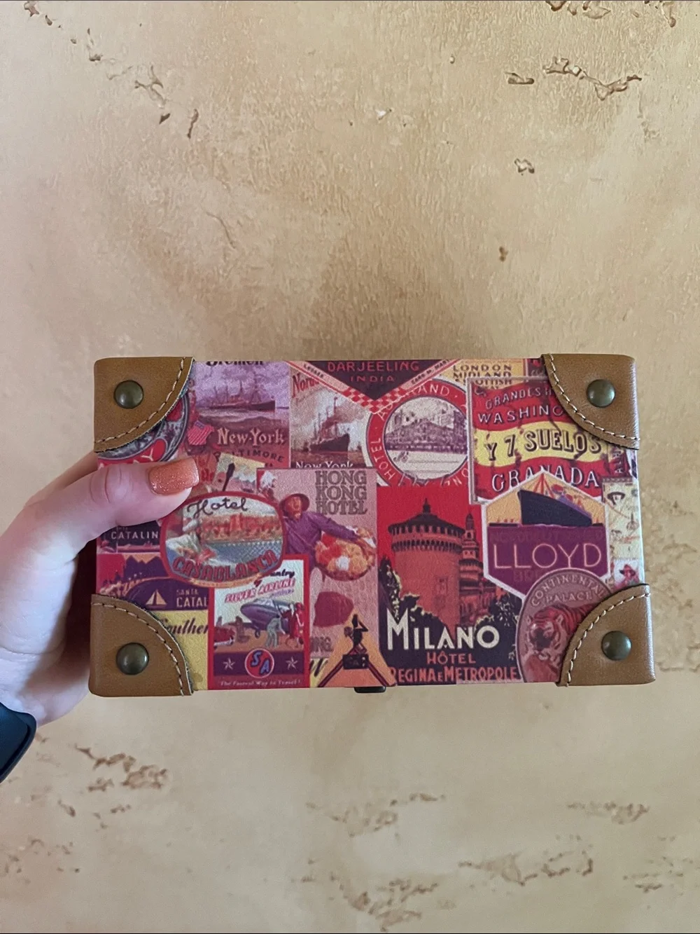 Vintage-Style Postcard Print Box with Tan Trim